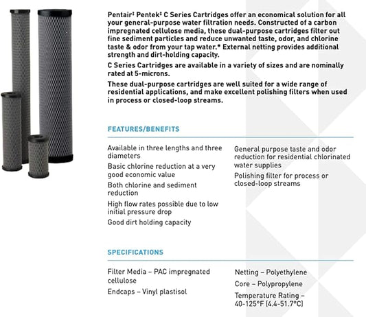 Pentair Pentek C1-20BB Big Blue Carbon Water Filter, 20-Inch, Whole House Heavy Duty Dual Purpose Powdered Activated Carbon-Impregnated Cellulose Replacement Cartridge, 20" x 4.5", 5 Micron , Black