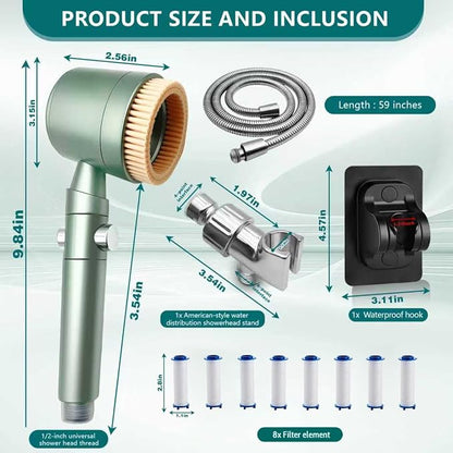 2026Version Turbocharged High Pressure Filtered Shower Head with Handheld & Outlet Soft Brush - 6 Spray Modes, 5-Stage Filtration System, 59" Hose - Chlorine & Hard Water Filter (8 filter cartridges)