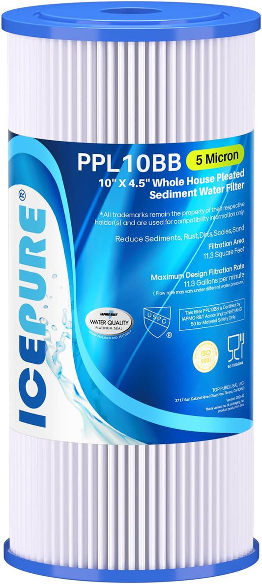 ICEPURE 5 Micron 10" x 4.5" Whole House Sediment Pleated Water Filter Replacement for GE FXHSC, Culligan R50-BBSA, Pentek R50-BB, DuPont WFHDC3001, W50PEHD, GXWH40L, GXWH35F for Well Water, 1PACK