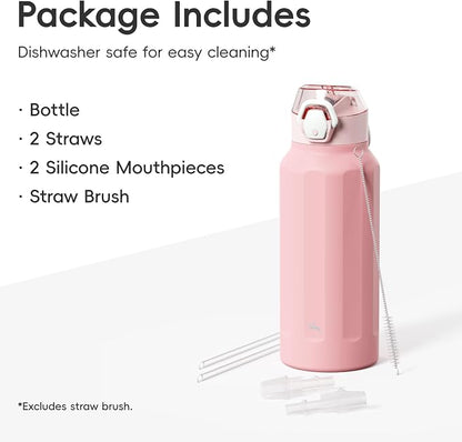 Konokyo FLOWPLAY 32oz Locking Push-Button Water Bottle with Silicone Spout,Leak-Proof,18/8 Stainless Steel Double-Wall Vacuum Insulated for Sports and Travel,BPA-Free,Pink