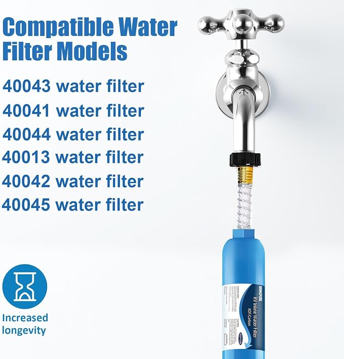 Bringpure 2 Pack RV Inline Water Filter with Flexible Hose Protector | NSF 42/372 Certified, Reduce Chlorine, Odor, Taste, Rust and Fluoride in Drinking Water, Dedicated for RV and Marine