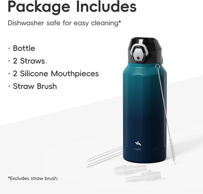 Konokyo FLOWPLAY 32oz Locking Push-Button Water Bottle with Silicone Spout,Leak-Proof,18/8 Stainless Steel Double-Wall Vacuum Insulated for Sports and Travel,BPA-Free,Sea