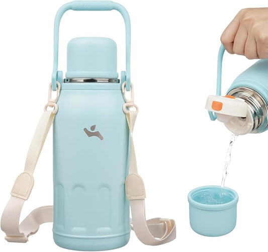 Konokyo Insulated Water Bottle with Handle and Strap,Vacuum Travel Tumbler with Cup Lid,Thermo Coffee Cup for Hot Cold Drinks 40 OZ,Cyan Blue