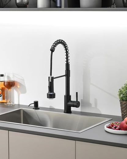GIMILI Matte Black LED Kitchen Faucet with Soap Dispenser, Modern Single Handle Spring Kitchen Sink Faucets with Pull Down Sprayer