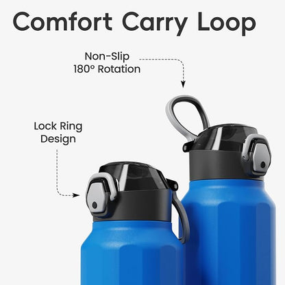 Konokyo FLOWPLAY 40oz Locking Push-Button Water Bottle with Silicone Spout,Leak-Proof,18/8 Stainless Steel Double-Wall Vacuum Insulated for Sports and Travel,BPA-Free,Sapphire Blue