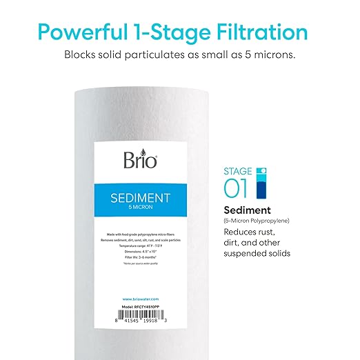 Brio Whole House Water Filter System w/Gauge & Fast-Flow Sediment Filter (5 Micron) 4.5" x 10" | Removes Dirt, Improves Taste & Protects Home Appliances | 720 GPH | 50,000 Gallons or 6 Months
