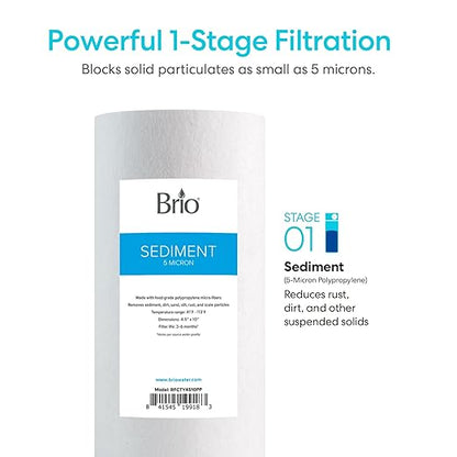 Brio Whole House Water Filter System w/Gauge & Fast-Flow Sediment Filter (5 Micron) 4.5" x 10" | Removes Dirt, Improves Taste & Protects Home Appliances | 720 GPH | 50,000 Gallons or 6 Months
