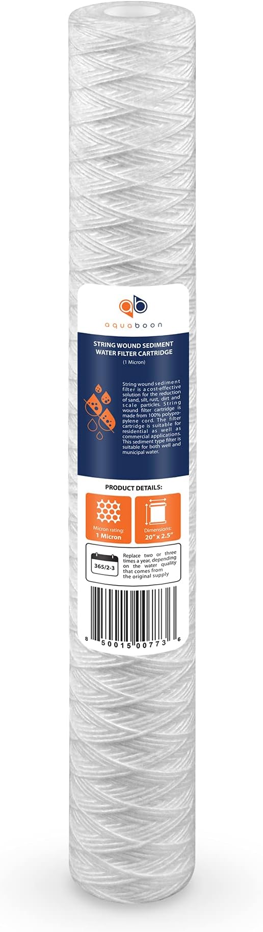 Aquaboon 1 Micron 20" x 2.5" String Wound Water Filter Cartridge - Whole House Water Filter Replacement for Well Water Matches SWC-25-2005, 4-Pack