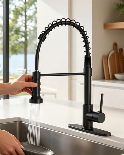 Matte Black Kitchen Faucet with Pull-Down Sprayer — Commercial Spring High-Arc Single-Handle Sink Faucet, Fits 1 or 3 Hole for Farmhouse, Bar, Camper and Laundry Room