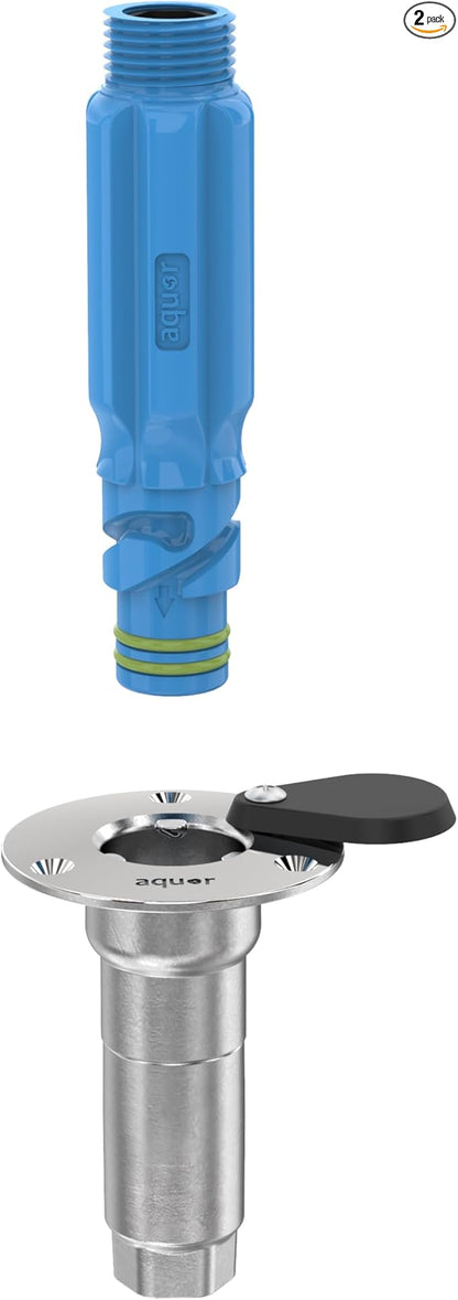 Aquor Universal Hydrant – Stainless Steel Flush-Mount Outdoor Faucet – Push-Twist Quick-Connect with Check Valve, Leak-Free, Universal Water Inlet for Decks and DIY, 1/2" NPT (f) x 3/4" GHT (m)