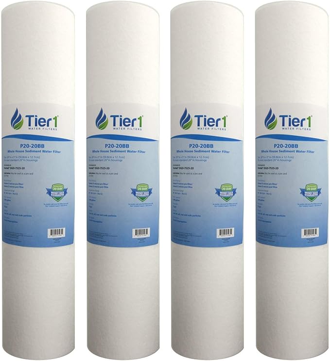 Tier1 20 Micron 20x4.5 Water Filter | Spun Wound Polypropylene Whole House Water Pre-Filter Cartridge | Replacement for Pentek DGD-7525-20,155356-43, P20-20BB | 4.5 x 20 Sediment Water Filter (4-Pack)