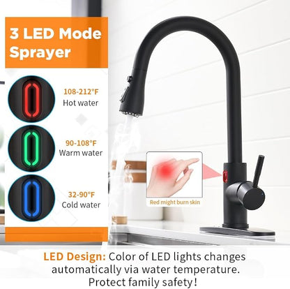 Touchless Kitchen Faucet with Pull Down Sprayer for Kitchen Sink, Single Handle Motion Sensor Faucet with LED Light and Dual-Function Spray, Hands-Free Matte Black