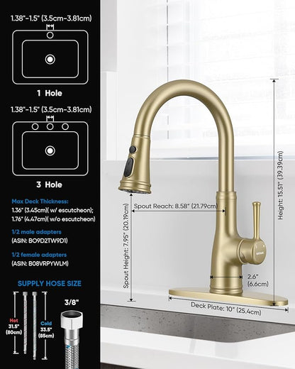 WEWE Vintage Kitchen Faucet with Pull Down Sprayer, Stainless Steel 1 or 3 Hole High Arc Single Handle Antique Sink Faucet for Classic Modern Ktichen, Gold Bar & Prep Sinks