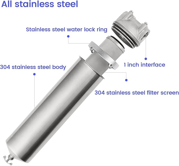 Amwater NSF/ANSI 42 Stainless Steel Whole House Water Filter Housing, 10" x 2.5" Sediment Water Filter System for Heavy Duty, Well & City Water, 1" NPT Port, Drain Valve Style A (Wing)