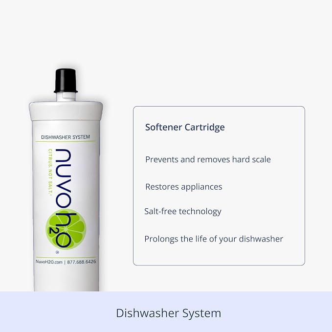 NuvoH2O Dishwasher Replacement Cartridge – Salt-Free Water Softener Solution – Prevents & Removes Hard Water Scale – Easy Quick-Connect Filter – Eco-Friendly Cartridge – Extends Dishwasher Life