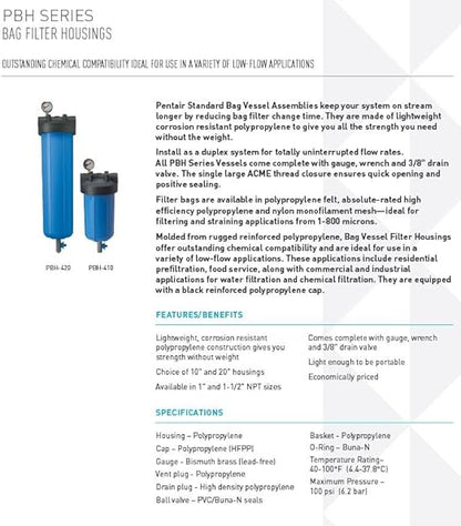 Pentair Pentek 150337 PBH Big Blue Bag Filter Housing, 1 1/2" NPT #20 Bag Vessel Assembly with Gauge, Wrench and Drain Valve, 20-Inch, Black/Blue
