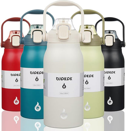 BJPKPK Insulated Water Bottles with Straw, 45 oz Stainless Steel Metal Water Bottle with One-handed Opening Lid, BPA Free Reusable Jugs for Gym Sports Outdoors,White