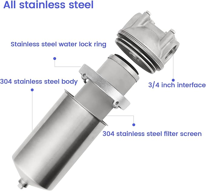Amwater NSF/ANSI 42 Stainless Steel Whole House Water Filter Housing, 5" x 2.5" Sediment Water Filter System for Heavy Duty, Well & City Water, 3/4" NPT Port, Drain Valve Style C(Square Head)