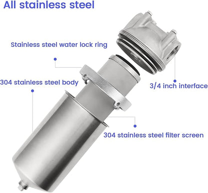 Amwater NSF/ANSI 42 Stainless Steel Whole House Water Filter Housing, 5" x 2.5" Sediment Water Filter System for Heavy Duty, Well & City Water, 3/4" NPT Port, Drain Valve Style C(Square Head)