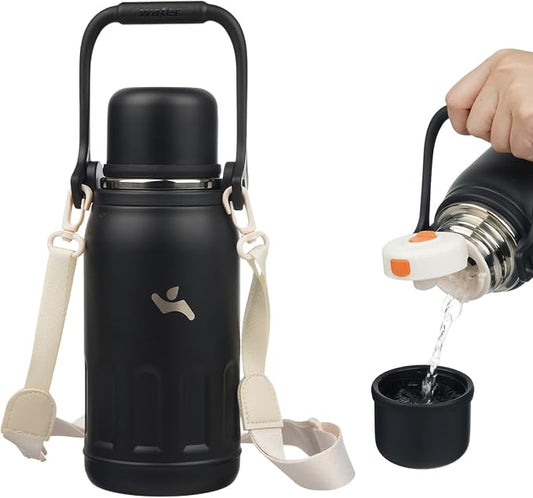 Konokyo Insulated Water Bottle with Handle and Strap,Vacuum Travel Tumbler with Cup Lid,Thermo Coffee Cup for Hot Cold Drinks 27 OZ,Black