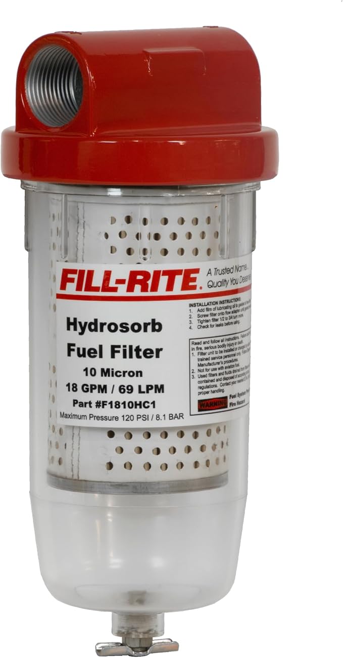 Fill-Rite FR1810HC1 10 Mircron Hydrosorb 25 GPM Clear Bowl Fuel Filter with 3/4" Filter Head