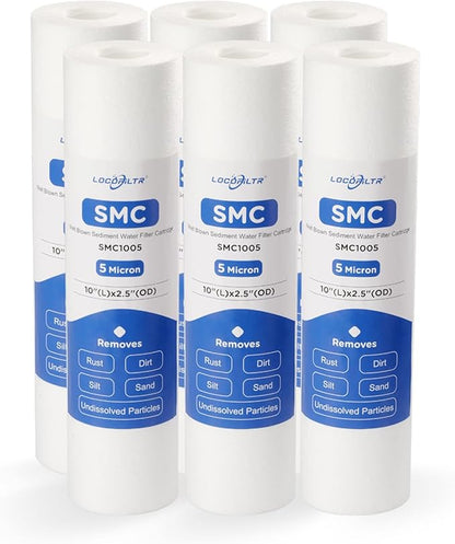 Whole House 5 Micron 10" x 2.5" Spun Polypropylene Sediment Well Water Filter Cartridge Replacement for Culligan P5, WH-S200-C, HF-360A, P5A, P5-10, SDC-25-1005, WHKF-GD05, AP110, FP15 (Pack of 6)