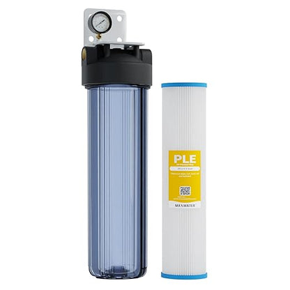20 x 4.5 Whole House 1 Stage PP Pleated Sediment Filter System w/ 1" NPTF Port Housing Head Includes 25 Micron Pleated Sediment Filter, Gauge & Bracket BB-20B WH100SP WDS150K CB1-CAB20-BB DB20P