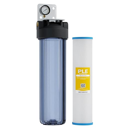 20 x 4.5 Whole House 1 Stage PP Pleated Sediment Filter System w/ 1" NPTF Port Housing Head Includes 50 Micron Pleated Sediment Filter, Gauge & Bracket BB-20B WH100SP WDS150K CB1-CAB20-BB DB20P
