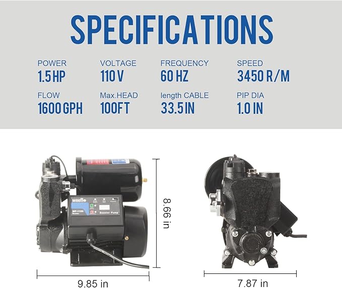 Weeflos 1.5HP Automatic Booster Pump, 1600 GPH Water Pump, 100ft Max Head, Mechanical Pressure Switch, Self-Priming Utility Pump for Shower, Irrigation, Basement, Garden, Pool (1.5HP/100FT)