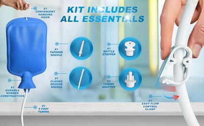 CleanStream Water Bottle Enema Cleaning Kit for Men and Women, 2 Quart Durable Rubber Bag with 5-Foot Flexible Tube, Tapered and Nozzle Tips Included, Flow Control Clamp, Hygienic Design