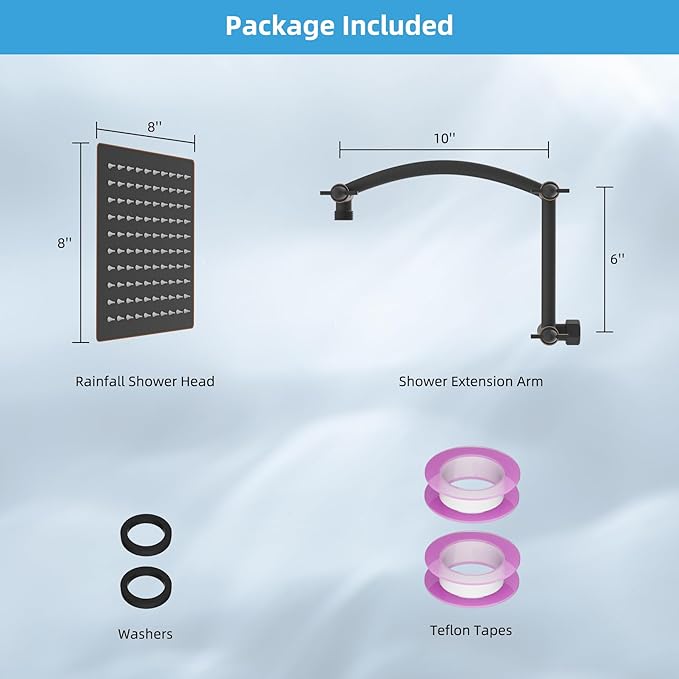 Hibbent All Metal Rain Shower Head, 8'' High Pressure Rainfall Square Showerhead with 16" Extension Arm, Solid Brass Adjustable Shower Arm Extender, Waterfall Fixed Showerheads, Oil Rubbed Bronze