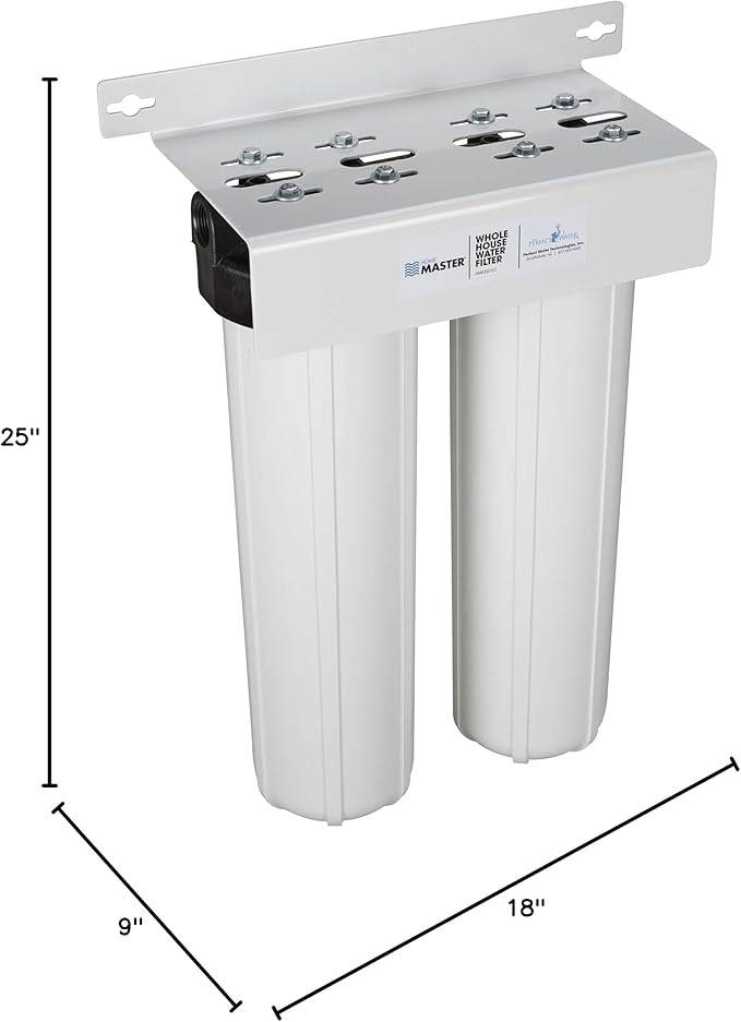 Home Master HMF2SdgC Whole House Water Filter, 4-layer sediment filter 25 to 1 micron, Radial Flow Carbon 20gpm, 1” NPT ports, Patented heavy steel bracket fits 16” wall studs, Pressure Performance