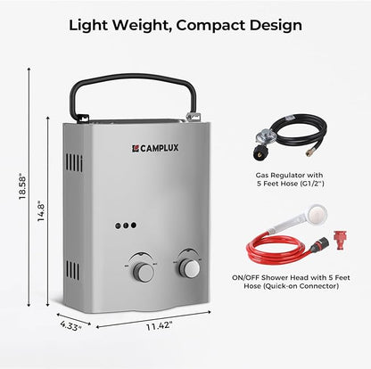 CAMPLUX 1.32 GPM Tankless Water Heater Portable, 5L Outdoor Propane Water Heater for Camping Trip with Overheating Protection, AY132G, Gray