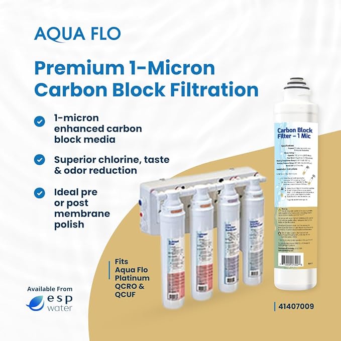Aqua Flo Carbon Block Filter 1 Micron 41407009 – Quick-Change Replacement for Aqua Flo Platinum QCRO & QCUF 4-Stage Systems – Reduces Chlorine, Taste, Odor – Polishing or Pre-Filter Cartridge