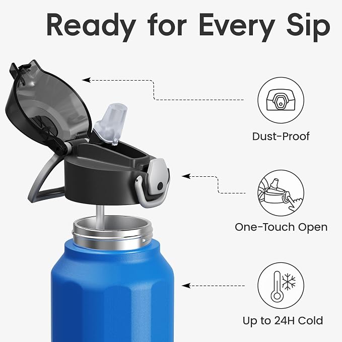 Konokyo FLOWPLAY 40oz Locking Push-Button Water Bottle with Silicone Spout,Leak-Proof,18/8 Stainless Steel Double-Wall Vacuum Insulated for Sports and Travel,BPA-Free,Sapphire Blue