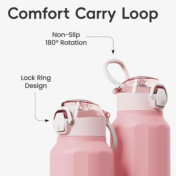 Konokyo FLOWPLAY 32oz Locking Push-Button Water Bottle with Silicone Spout,Leak-Proof,18/8 Stainless Steel Double-Wall Vacuum Insulated for Sports and Travel,BPA-Free,Pink