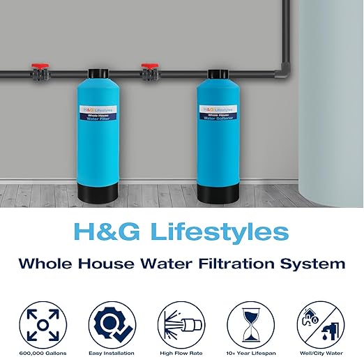 H&G Lifestyles Whole House Water Softener 32,000 Grains Water Filter System,Remove Calcium Magnesium Heavy Metal Odor, Improve Water Taste, Whole House Water Filtration