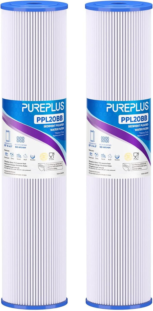PUREPLUS 50 Micron 20" x 4.5" Whole House Pleated Sediment Filter for Well Water, Replacement Cartridge for ECP20-20BB, AP810-2, SPC-45-2020, R30-20BB, HDC3001, ECP5-20BB, 2Pack