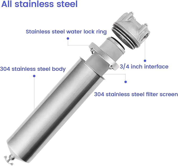 Amwater NSF/ANSI 42 Stainless Steel Whole House Water Filter Housing, 10" x 2.5" Sediment Water Filter System for Heavy Duty, Well & City Water, 3/4" NPT Port, Drain Valve Style A(Wing)