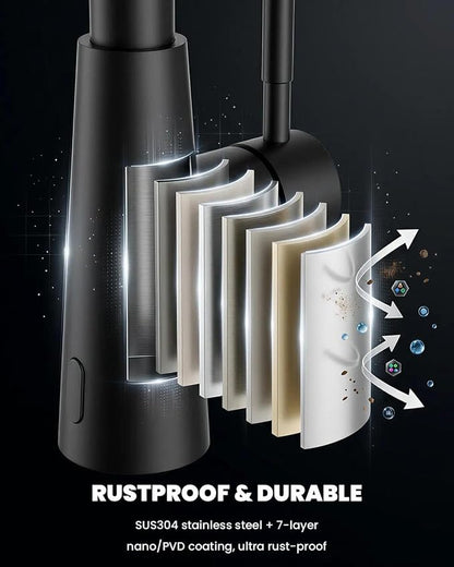 APPASO Black Touchless Kitchen Faucet Motion Sensor with Pull Down Sprayer | Lead-Free Single Handle Sink Faucet with Soap Dispenser & cUPC-Certified Hoses for Farmhouse Laundry Rv 1 to 4 Hole Sinks