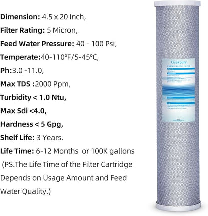 Geekpure 20-Inch Carbon Block Replacement Filter Cartridge for Whole House Water Filtration-4.5" x 20"-5 Micron -Pack of 6