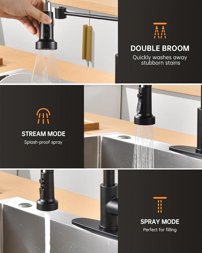 APPASO Black Kitchen Faucet with Soap Dispenser & Pull Down Sprayer | NSF/ANSI/CAN 372 & Lead-free, SUS304 Stainless Steel 3 Modes Faucet for Farmhouse, Bar & RV