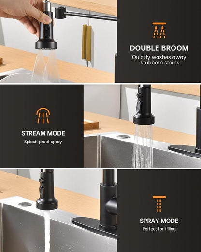 APPASO Black Kitchen Faucet with Soap Dispenser & Pull Down Sprayer | NSF/ANSI/CAN 372 & Lead-free, SUS304 Stainless Steel 3 Modes Faucet for Farmhouse, Bar & RV