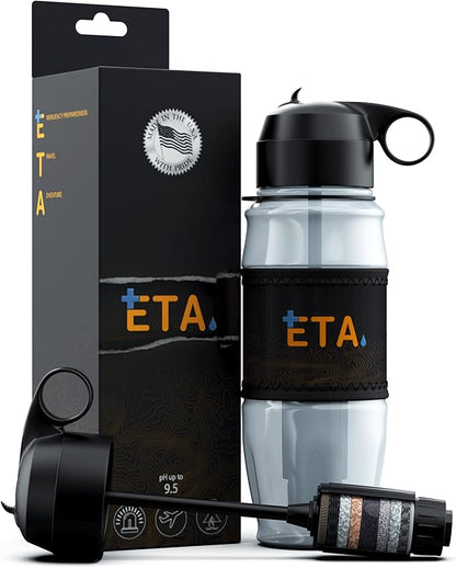 ETA Alkaline Water Filter Bottle for Travel, Camping, Hiking, Backpacking, Emergency, Survival | Removes up to 99.99% of Harmful contaminants, 9.5pH, Protects the Nutrient & Mineral Value, Made in USA