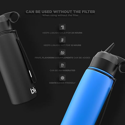 BLU All-in-ONE | Vacuum Insulated Stainless Steel Water Bottle Flask with a Filter (26oz) | Made in The USA | Removes 99.99% contaminants (Regular - Black)