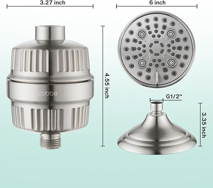 Cobbe 6-Setting High Pressure Filtered Shower Head Combo, Detachable Rain Shower Head with 20 Stage Shower Head Filter for Hard Water - Remove Chlorine and Harmful Substances, Brushed Nickel