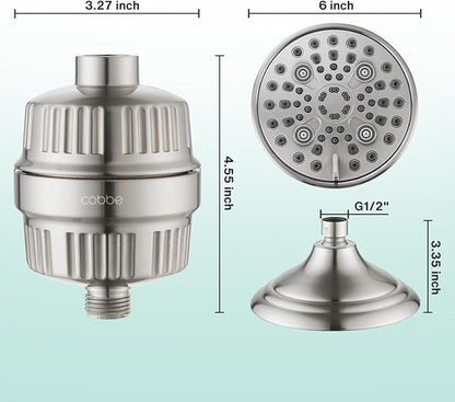 Cobbe 6-Setting High Pressure Filtered Shower Head Combo, Detachable Rain Shower Head with 20 Stage Shower Head Filter for Hard Water - Remove Chlorine and Harmful Substances, Brushed Nickel
