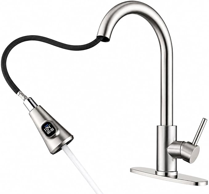 HOMELODY LED Temperature Display Kitchen Faucet with Pull Down Sprayer - Brushed Nickel Single Handle Kitchen Sink Faucet, High Arc Stainless Steel Design for RV Laundry Farmhouse Bar