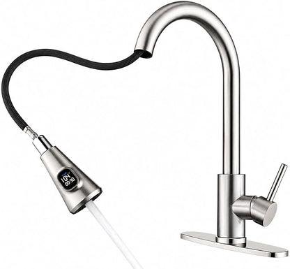 HOMELODY LED Temperature Display Kitchen Faucet with Pull Down Sprayer - Brushed Nickel Single Handle Kitchen Sink Faucet, High Arc Stainless Steel Design for RV Laundry Farmhouse Bar