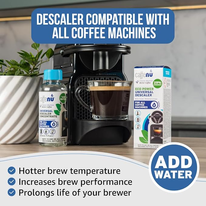 Universal Coffee Machine Descaling Solution. Coffee Machine Descaler Liquid 2 Uses. Descaler Kit. Part of your Barista Accessories Set. Compatible with Nespresso, Phillips, Lavazza, Verismo and More!